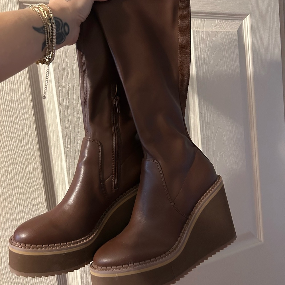 Never worn faux leather Brown Wedge Boots 7.5